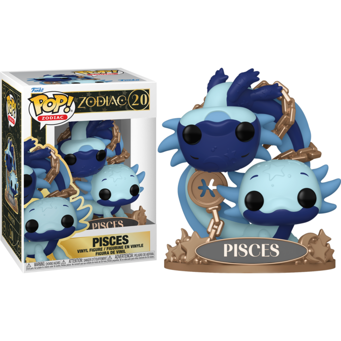 Figura de vinilo Funko Pop Zodiac Piscis junto a su caja con criaturas ajolotes azules y un símbolo de Piscis.