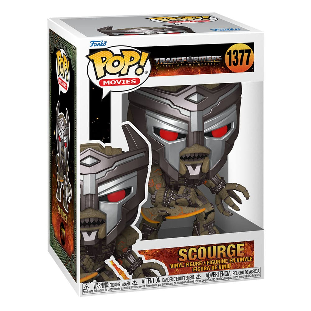 Figurine Funko Pop Scourge de Transformers dans une boîte de collection aux yeux rouges.