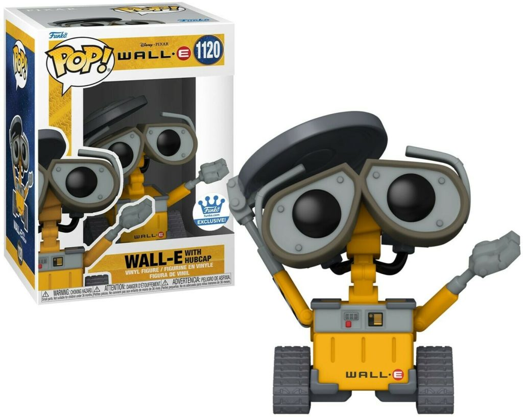 Eine Wall-E Funko Pop Figur mit Hubcap steht neben ihrer Box.
