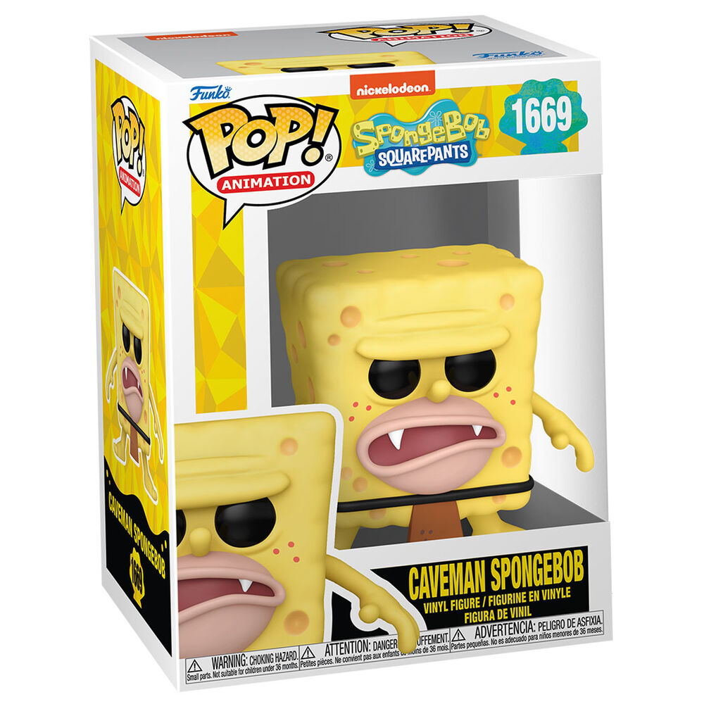 Figura in vinile Funko Pop Spongebob Cavernicolo in una scatola con finestra dal design giallo e bianco.