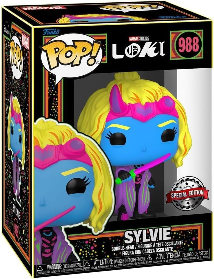 Eine Funko Pop Box mit Sylvie aus Loki, blauer Haut, blonden Haaren und einer pinken Krone mit Waffe.