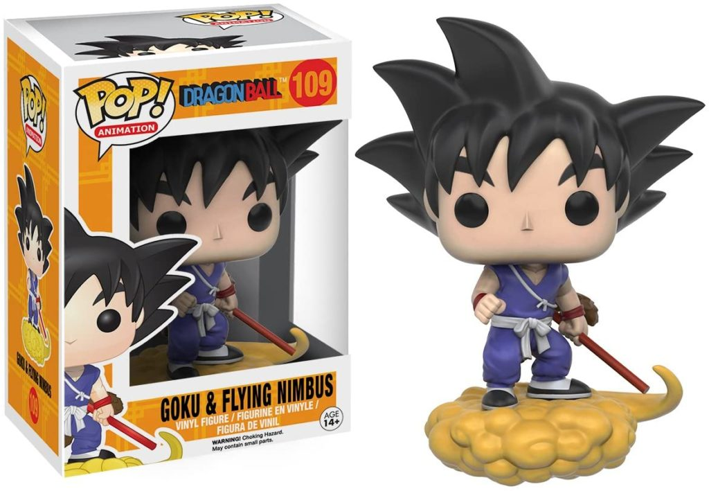 Figura Funko Pop de Goku en la nube Kintoun con un bastón, junto a su caja.