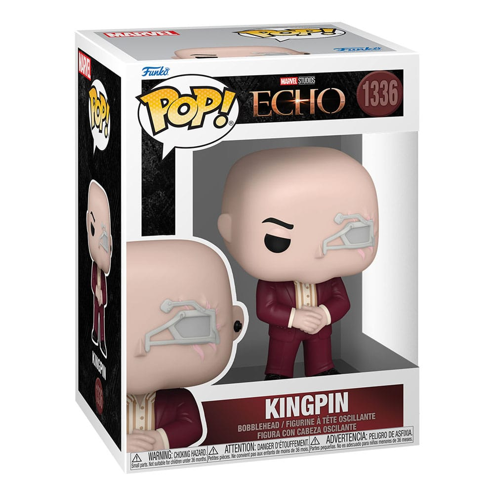 Figura Funko Pop de Kingpin en caja con traje rojo y aparato facial.