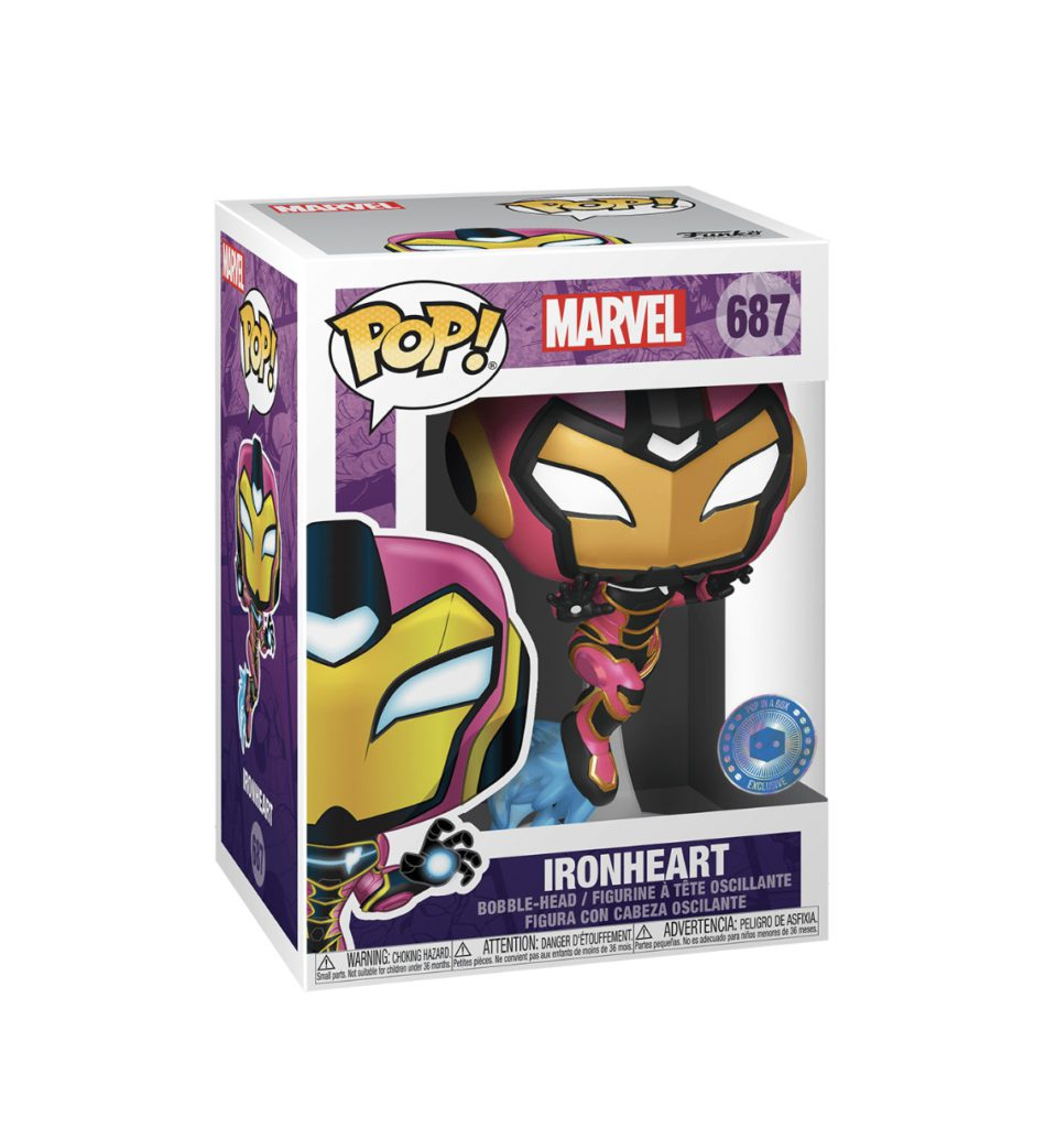 Eine Marvel Ironheart Funko Pop Figur in ihrer Originalverpackung mit lila Akzenten.
