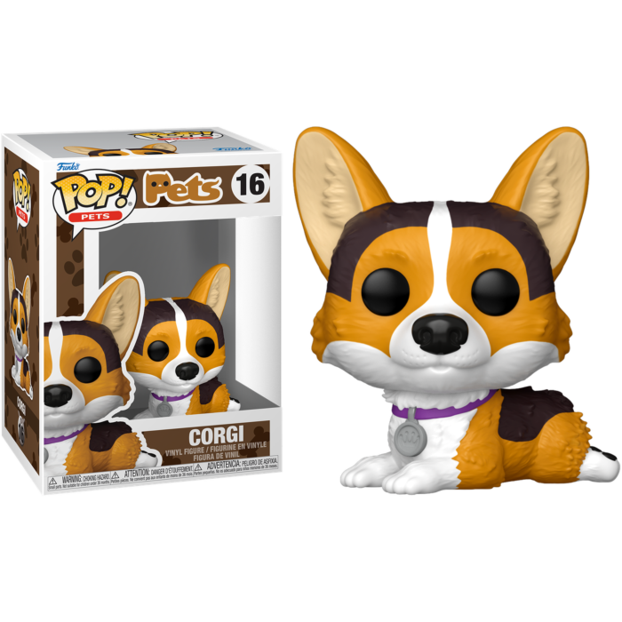 Una figura de vinilo Funko Pop Corgi se encuentra junto a su caja de embalaje original sobre fondo negro.
