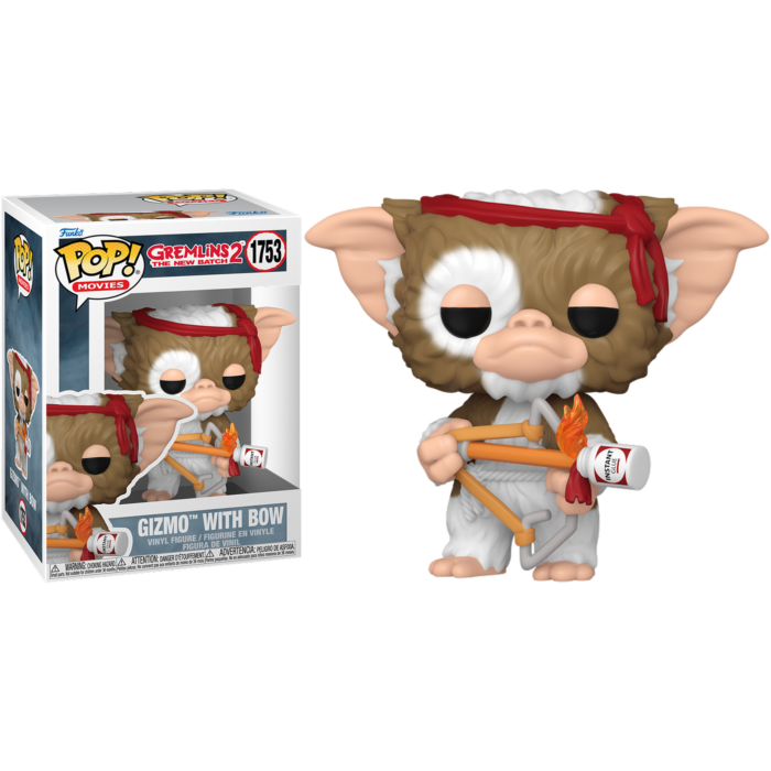 Figura de vinilo Gizmo Pop! con un arco y llama, junto a su caja original.