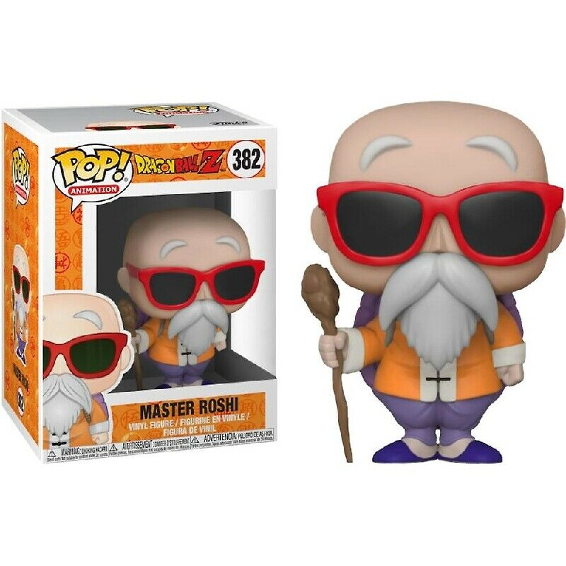 Figura Funko Pop de Maestro Roshi con gafas de sol rojas, barba blanca y chaqueta amarilla junto a su caja.