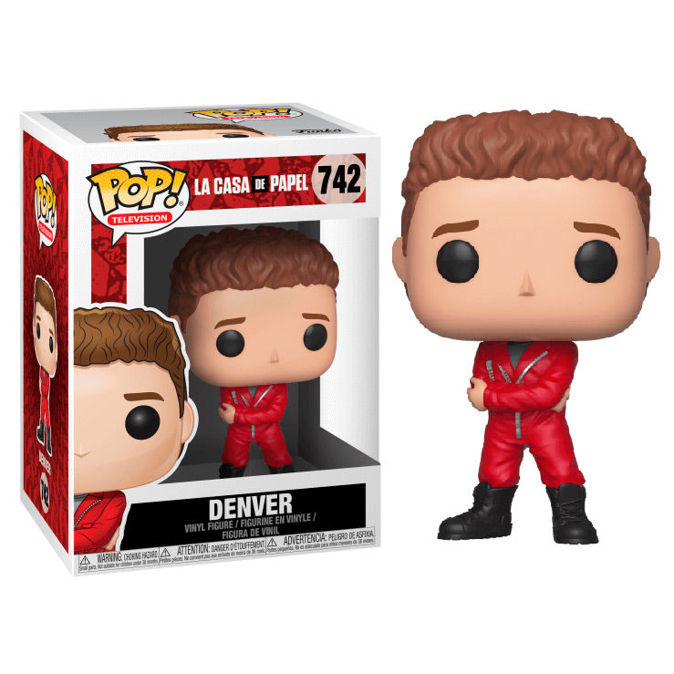 Denver Funko Pop Vinyl-Figur in rotem Anzug mit schwarzen Stiefeln neben der Verpackung.