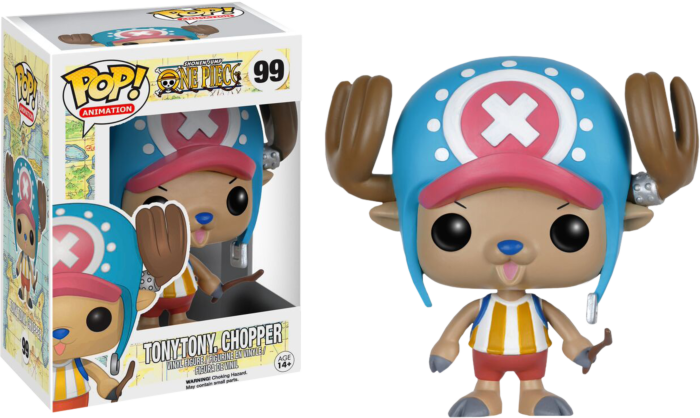 Una figure in vinile Funko Pop di Tony Tony Chopper con la sua scatola, con cappello blu, pantaloncini rossi e camicia a righe.