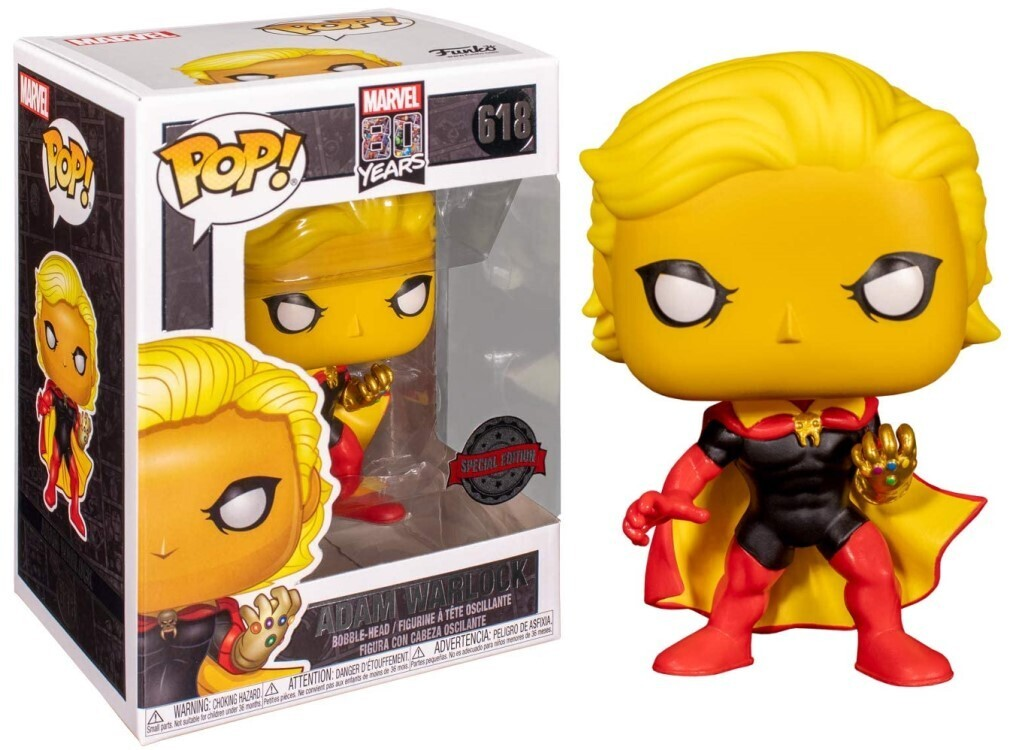 Adam Warlock Funko Pop Figur mit Infinity-Gauntlet in Verpackung.
