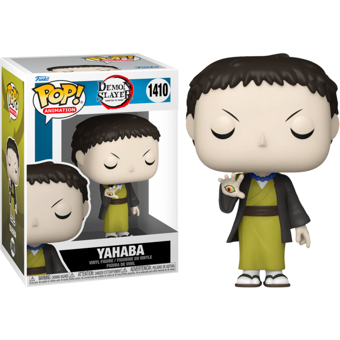 Yahaba Funko Pop Figur mit gelbem Kimono und einem Auge auf der Hand, stehend neben der bedruckten Verpackung.