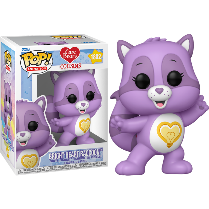Lila Pop! Animationsfigur von Bright Heart Raccoon mit gelbem Herz-Glühbirnen-Symbol, neben ihrer Verpackung.