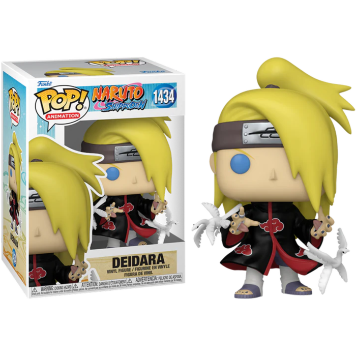 Deidara Funko Pop Figur mit blondem Zopf und Akatsuki-Mantel neben ihrer Verpackung.