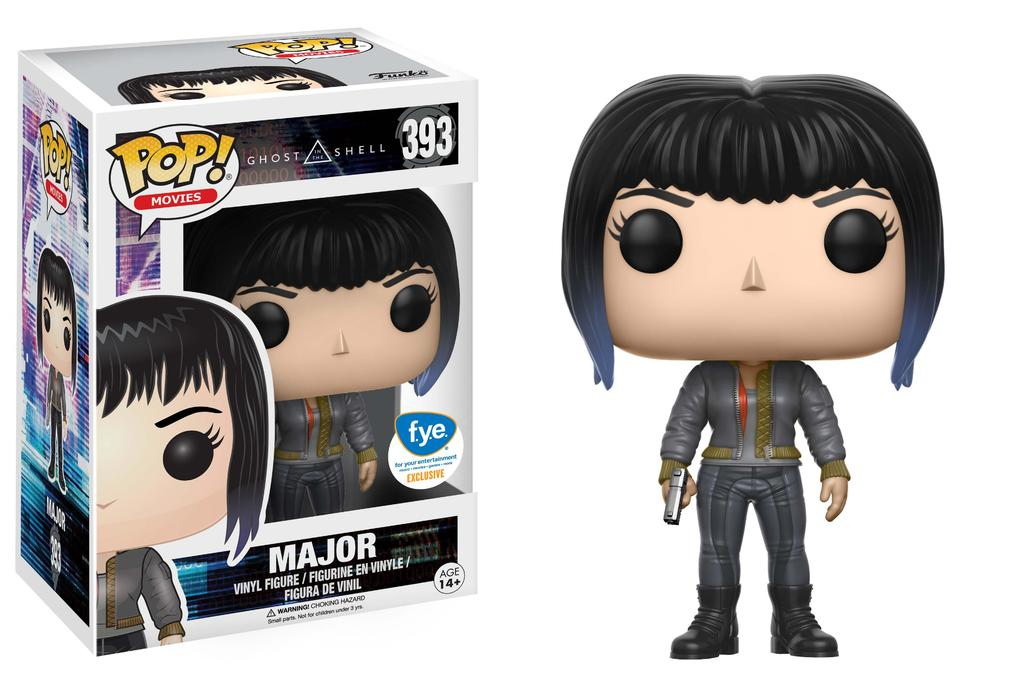 Funko Pop Vinylfigur von Major aus Ghost in the Shell neben ihrer Box mit blau gefärbten Haaren und Pistole.