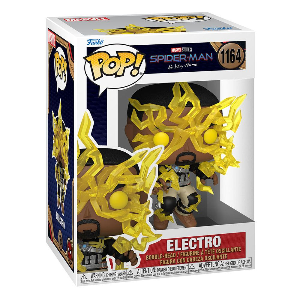 Funko Pop Figur von Electro aus Spider-Man in einer Box mit gelben Blitzeffekten.