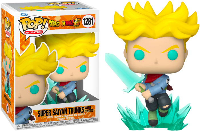 Super Saiyan Trunks Pop! Vinyl-Figur mit Schwert und grünem Energieeffekt neben ihrer verpackten Box.
