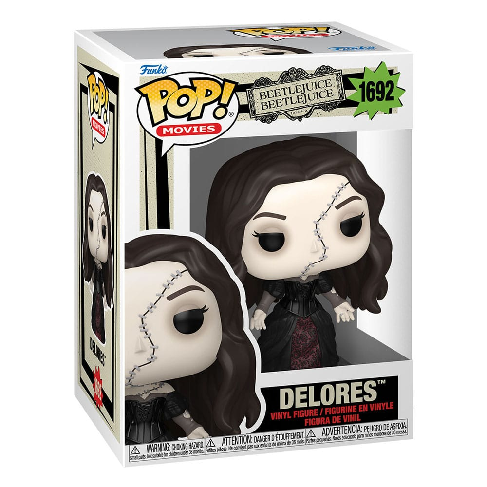 Figura de vinilo Funko Pop de Delores de Beetlejuice Beetlejuice, con cara cosida y vestido negro.