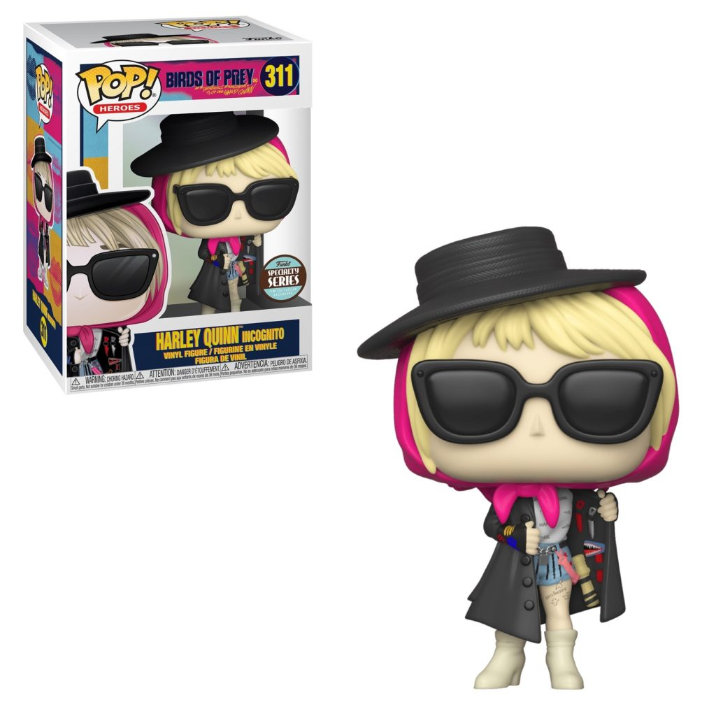 Harley Quinn Pop! Vinylfigur im Incognito-Outfit mit schwarzem Hut, großer Sonnenbrille und offenem Mantel.