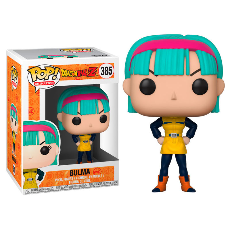 Bulma Funko Pop Figur mit türkisfarbenem Haar, gelbem Oberteil und ihrer Box.
