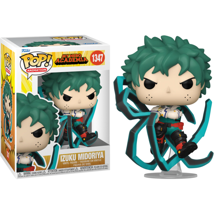 Izuku Midoriya Funko Pop Vinyl-Figur mit grünen Haaren und dunklen Ranken, neben der illustrierten Box.