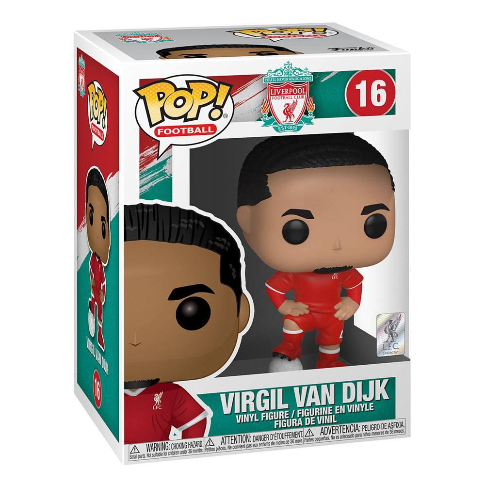 Eine Pop! Football Vinyl-Sammelfigur von Virgil van Dijk im Liverpool-Trikot, verpackt in einer bunten Schachtel.
