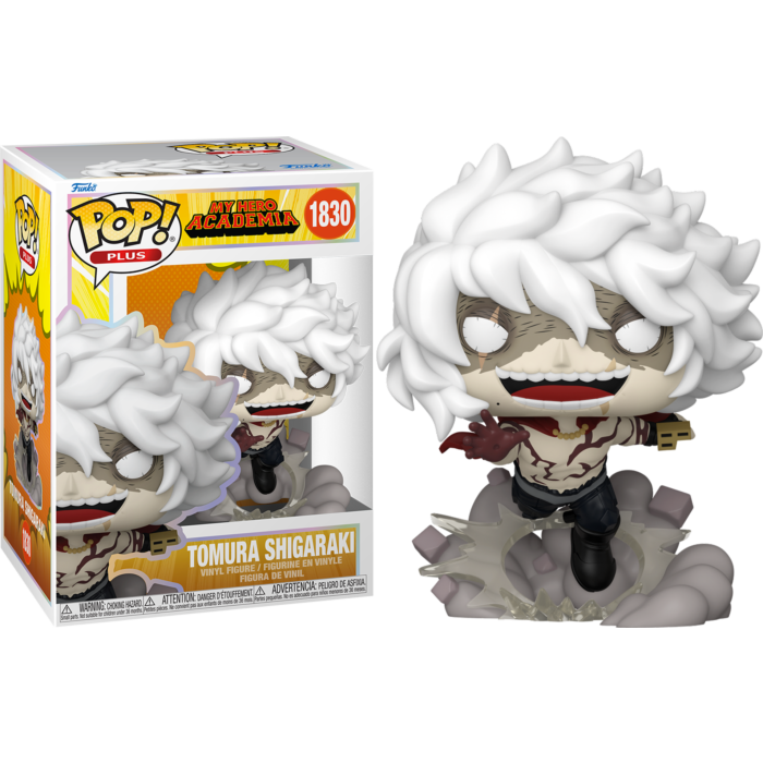 Figura de vinilo Funko Pop de Tomura Shigaraki con pelo blanco, junto a su caja.