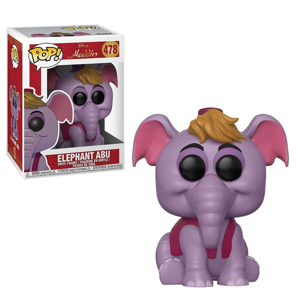 Funko Pop Elefant Abu Vinyl-Figur aus Aladdin mit der Verpackungsschachtel im Hintergrund.
