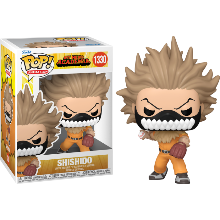 Figura Funko Pop de Shishido en traje naranja con una pelota de béisbol y máscara, junto a su caja.