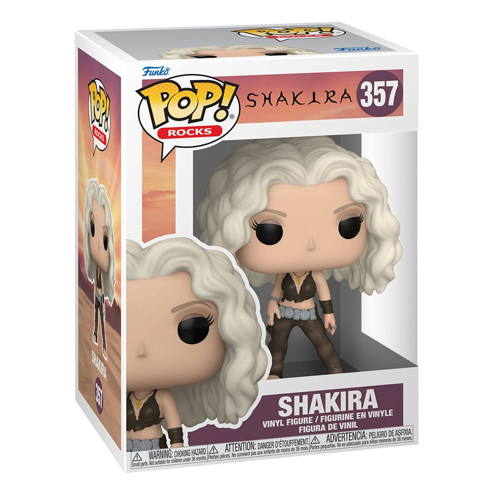 Funko Pop Rocks Shakira Vinyl-Sammelfigur in Originalverpackung mit blondem lockigen Haar und braunem Outfit.