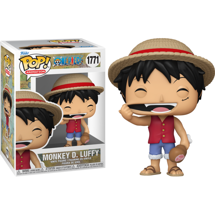 Figurka winylowa Funko Pop Monkey D. Luffy ze słomkowym kapeluszem, czerwoną kamizelką i mięsem, obok pudełka.