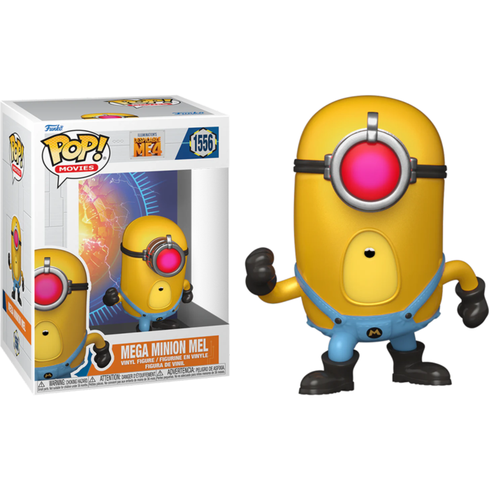 Figura Funko Pop Mega Minion Mel con un gran ojo rojo, peto azul y botas negras, junto a su caja de presentación.