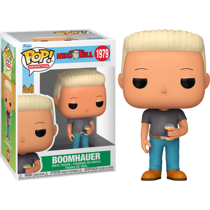 Figura de vinilo Funko Pop de Boomhauer con pelo rubio, camisa gris, vaqueros, sosteniendo una lata y su caja.