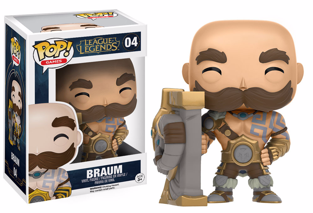 Braum Funko Pop Vinyl-Figur mit seinem Schild und der originalen Verpackungsschachtel.