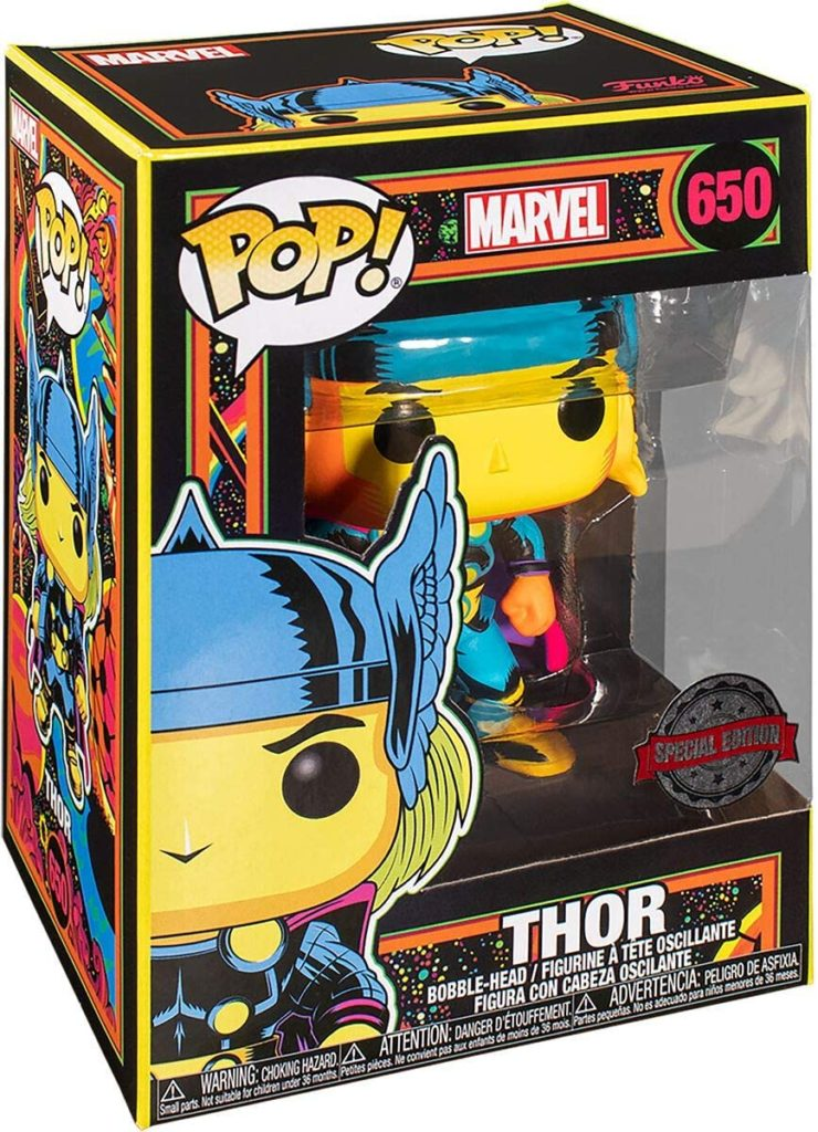 Una colorida figura Funko Pop de Thor de Marvel dentro de su caja de colección con ventana.