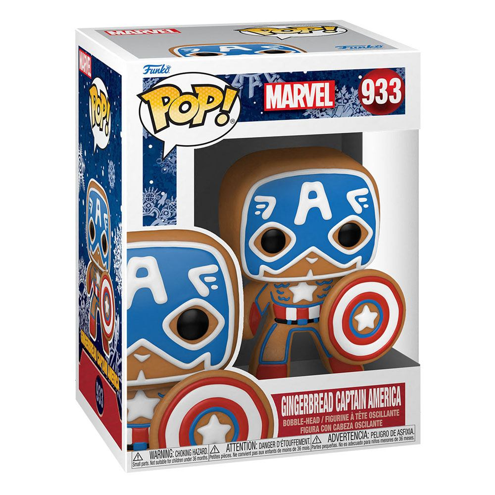 Figura Funko Pop Marvel Gingerbread Captain America en su caja decorada azul y blanca.