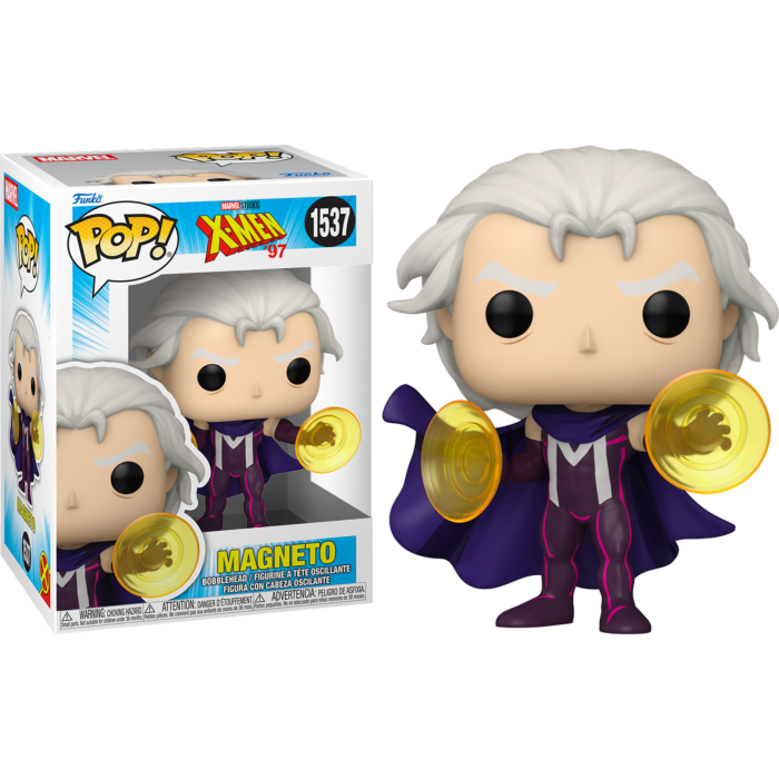 Figura Funko Pop de Magneto de X-Men '97, con pelo blanco y poderes amarillos, junto a su caja.