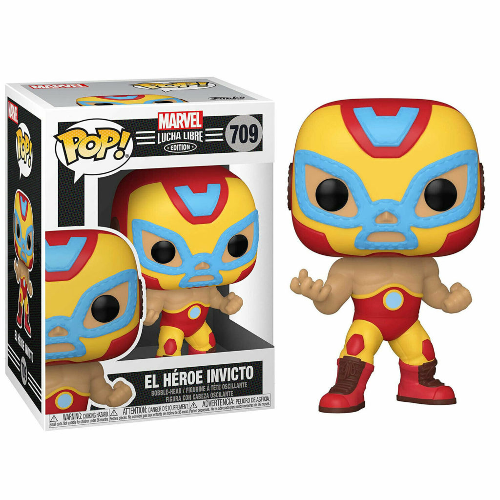 Iron Man Lucha Libre Funko Pop Figur neben ihrer Box mit roten, gelben und blauen Details.