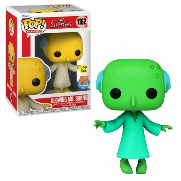 Figura de vinilo Funko Pop del Sr. Burns alienígena, dentro y fuera de su caja.