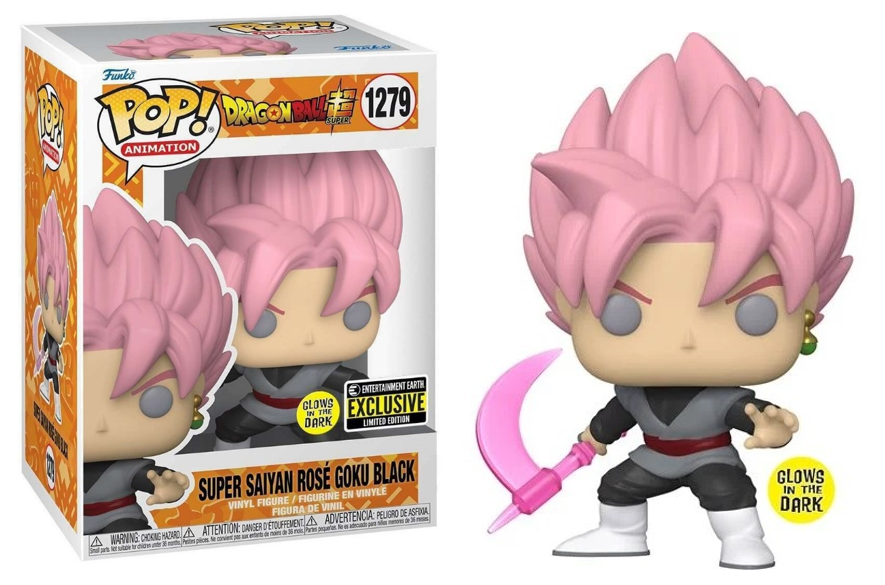 Figurka winylowa Funko Pop Super Saiyan Rose Goku Black z różowymi włosami i świecącą kosą, obok pudełka.