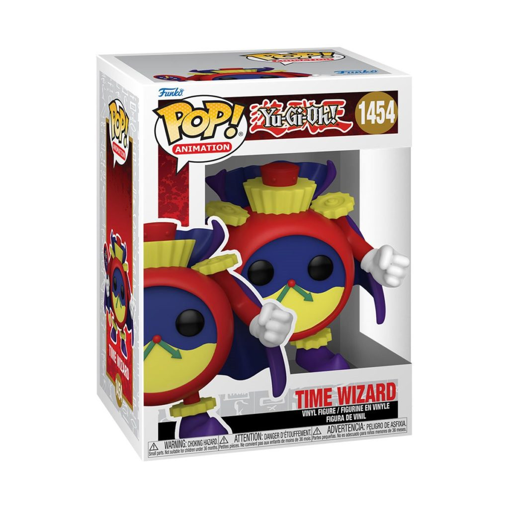 Figurka Funko Pop Time Wizard w czerwonym, żółtym i niebieskim pudełku z logiem Yu-Gi-Oh!
