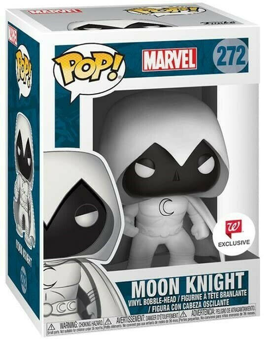 Figurka Funko Pop Marvel Moon Knight w biało-niebieskim pudełku kolekcjonerskim z ekskluzywną naklejką Walgreens.