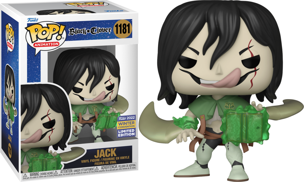 Funko Pop Animation Jack Figur aus Black Clover mit grünem Umhang, Narbe und leuchtend grünem Zauberbuch neben der Box.