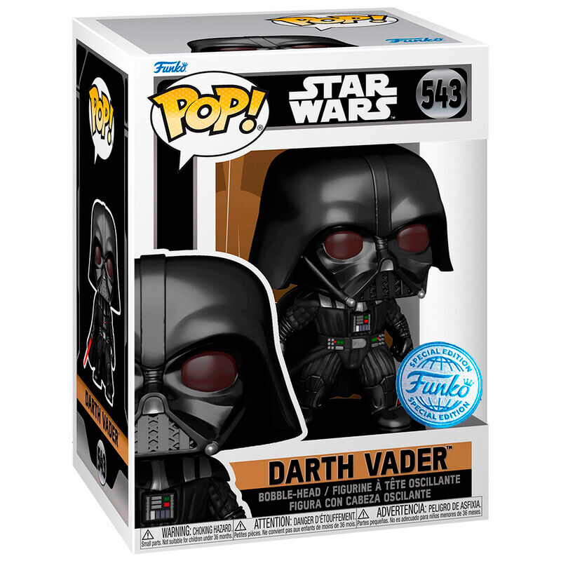 Funko Pop Darth Vader Figur in ihrer weiß-schwarzen Sammlerbox mit Star Wars Branding.