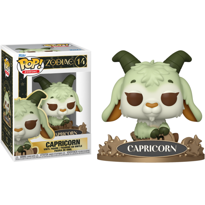 Figura de vinilo Funko Pop! Capricornio en verde menta con cuernos, sobre una base con estrellas y luna.