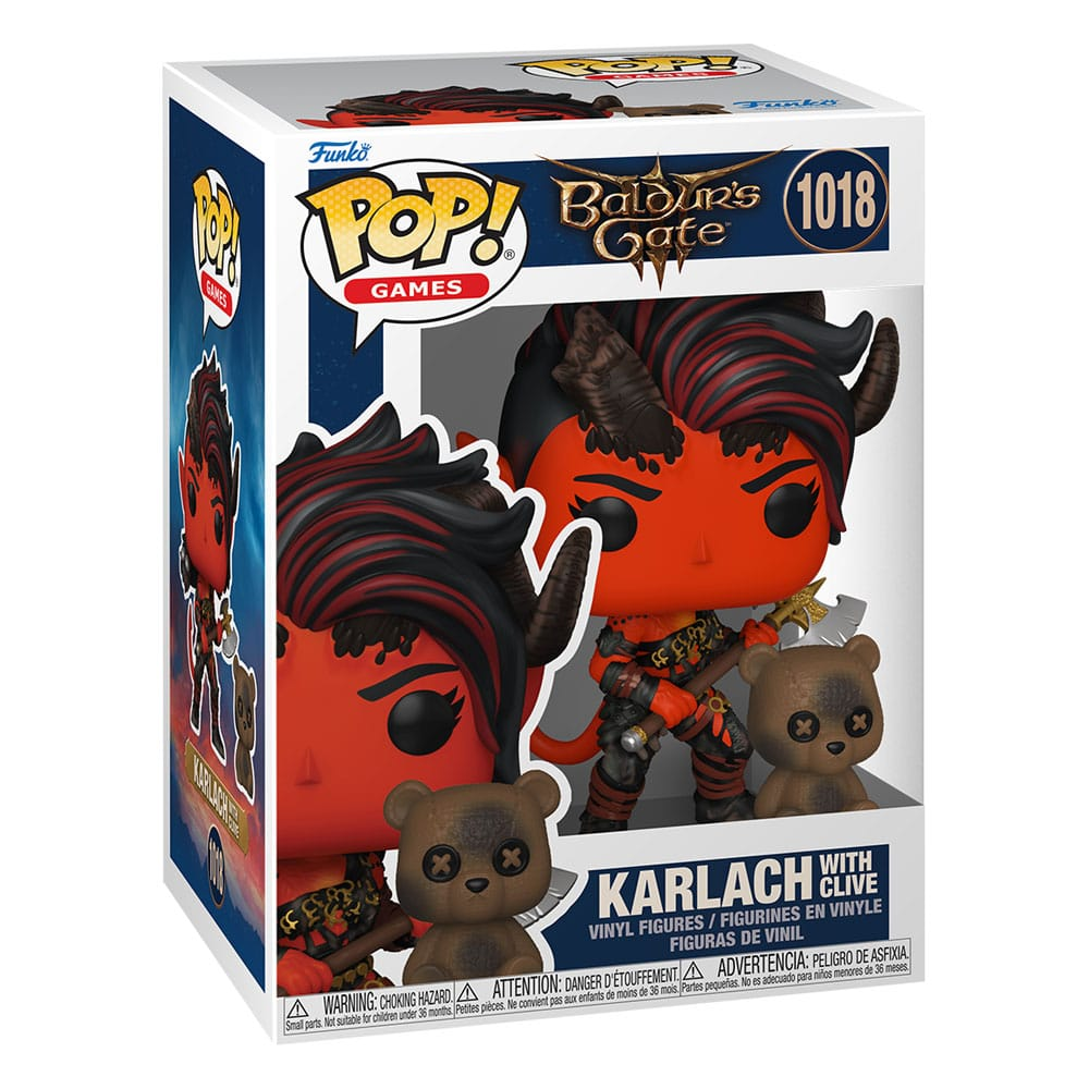 Figura de vinilo Funko Pop de Karlach con Clive de Baldur's Gate en caja.