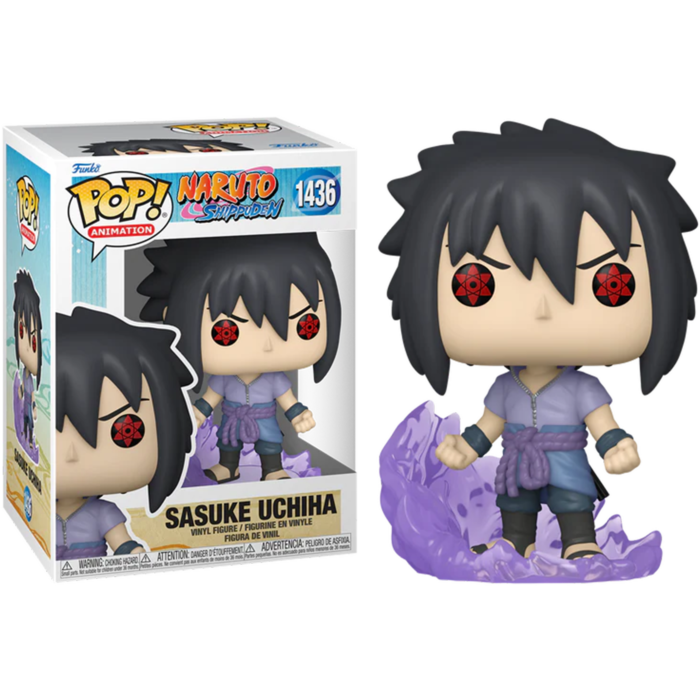 Sasuke Uchiha Funko Pop Figur mit Sharingan-Augen in und vor der Verpackung.