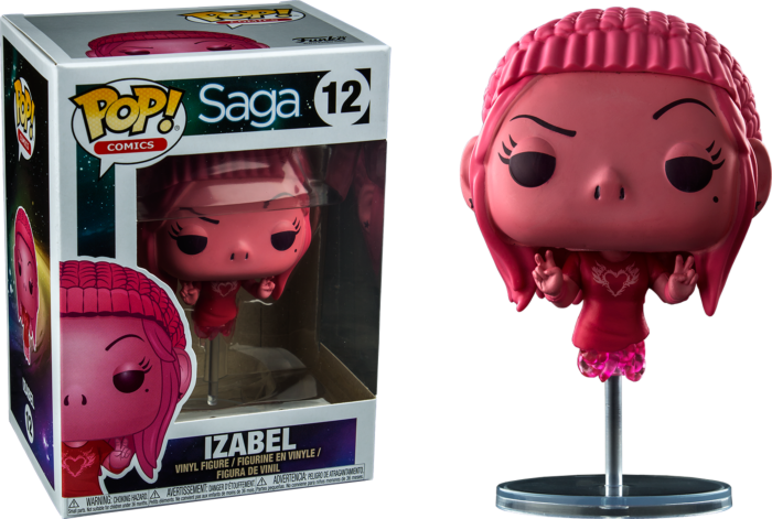 Izabel Pop-Vinyl-Figur in Rosa und Rot, stehend mit Display-Box.