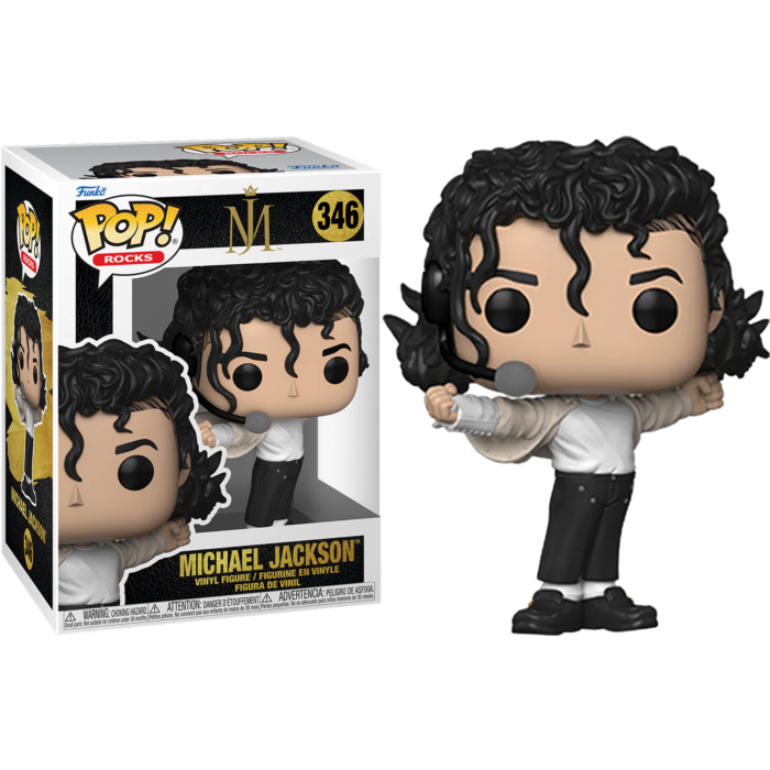 Figura in vinile Funko Pop di Michael Jackson con microfono ad archetto, camicia bianca e pantaloni neri, vicino alla scatola.