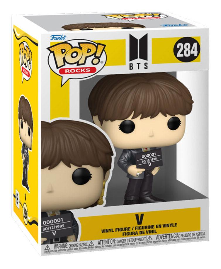 Funko Pop Rocks V Vinyl-Sammelfigur von BTS in weißer und gelber Verpackung mit Nummer 284.