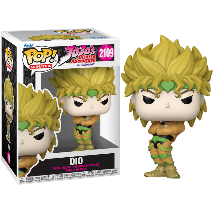 Dio Vinyl-Sammelfigur mit gelbem Haar und grünen Akzenten in einer JoJo's Bizarre Adventure Box.